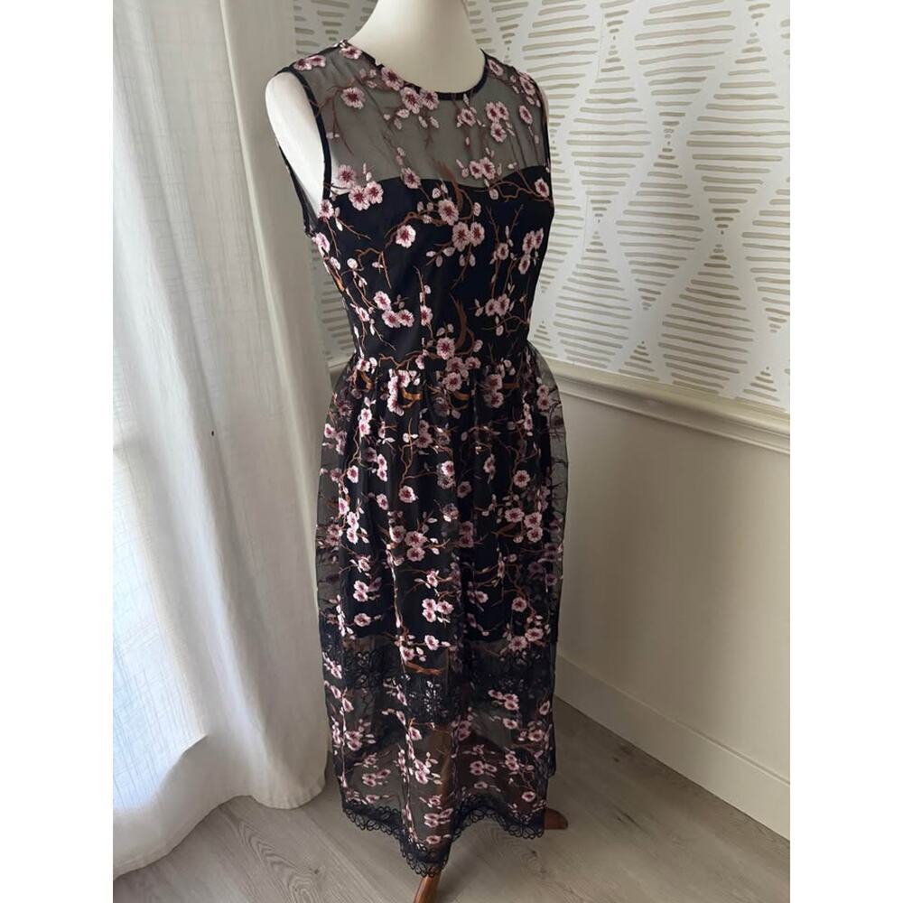 BLDHM Bronx & Banco Size 8 Black Mesh Floral Embroidered Midi Dress Anthro - Picture 8 of 10